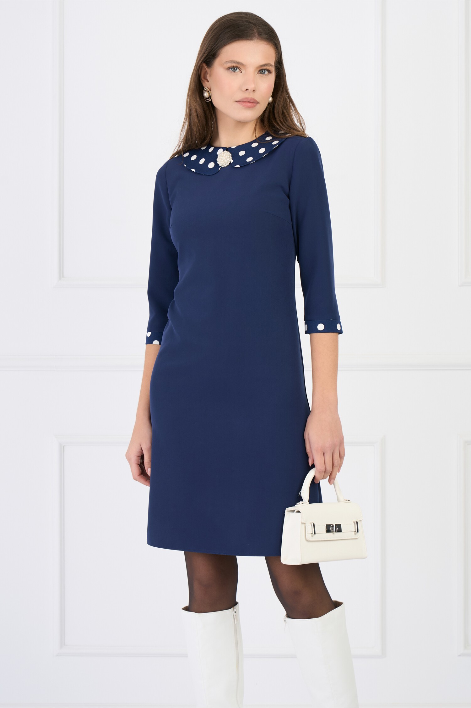 Rochie DY Fashion office din stofa bleumarin cu buline pe guler