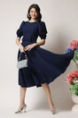 Rochie DY Fashion office din stofa bleumarin cu funda in talie