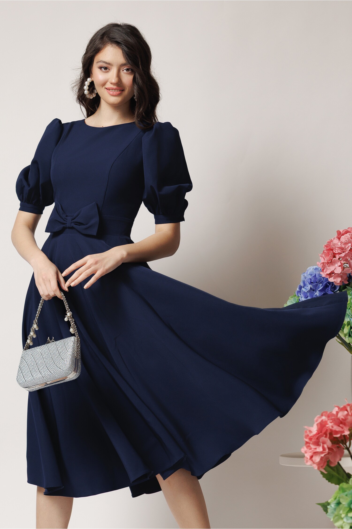 Rochie DY Fashion office din stofa bleumarin cu funda in talie