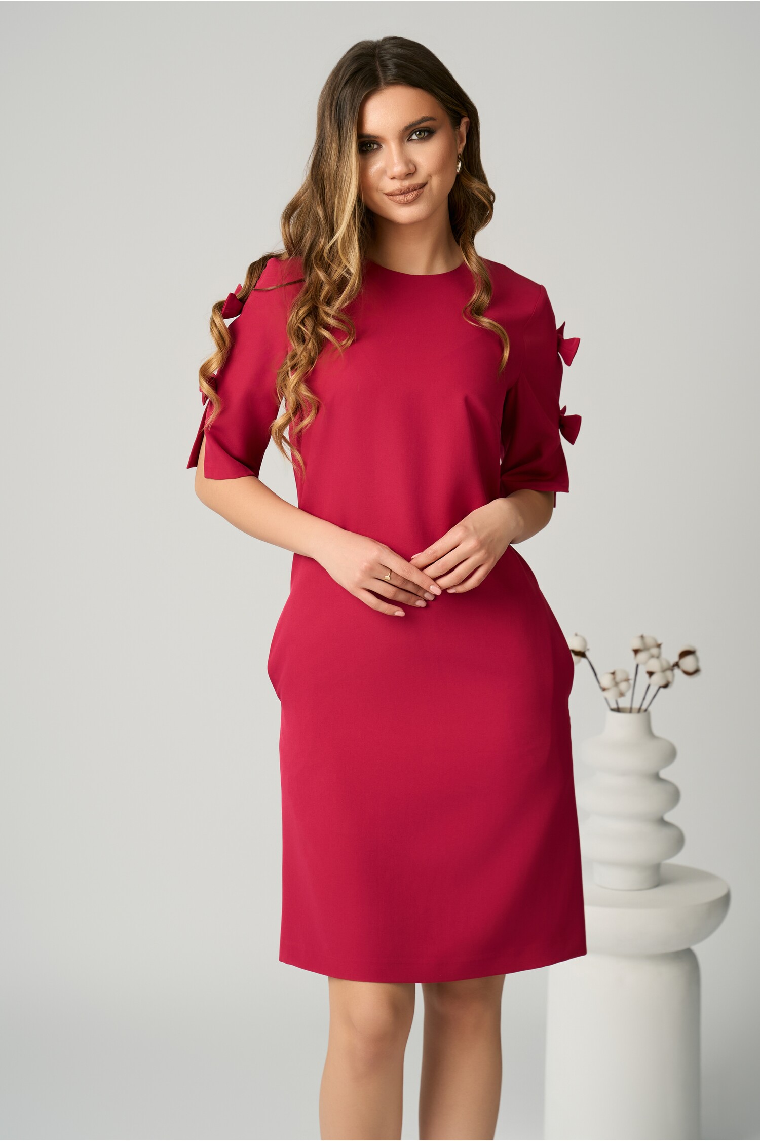 Rochie DY Fashion office din stofa fucsia cu funde pe maneci