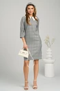 Rochie DY Fashion office din stofa gri cu carouri bleu si guler alb