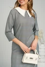Rochie DY Fashion office din stofa gri cu carouri bleu si guler alb