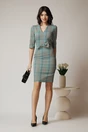 Rochie DY Fashion office din stofa gri cu carouri turcoaz si funda in talie