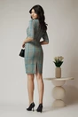 Rochie DY Fashion office din stofa gri cu carouri turcoaz si funda in talie