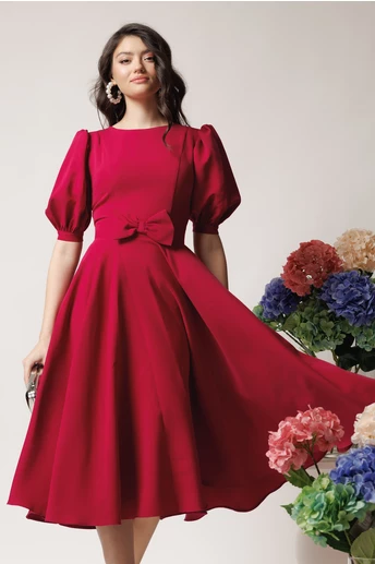 Rochie DY Fashion office din stofa magenta cu funda in talie