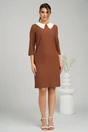 Rochie DY Fashion office din stofa maro cu guler alb