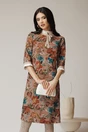 Rochie DY Fashion office din stofa maro cu imprimeu si mansete din poplin
