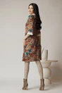 Rochie DY Fashion office din stofa maro cu imprimeu si mansete din poplin