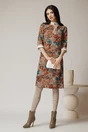 Rochie DY Fashion office din stofa maro cu imprimeu si mansete din poplin