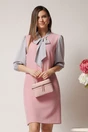 Rochie DY Fashion office din stofa roz cu maneci si guler din voal gri