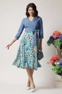 Rochie DY Fashion office din stofa si voal bleu cu imprimeu pe fusta