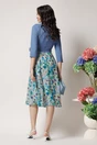 Rochie DY Fashion office din stofa si voal bleu cu imprimeu pe fusta