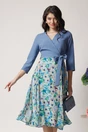 Rochie DY Fashion office din stofa si voal bleu cu imprimeu pe fusta