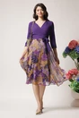Rochie DY Fashion office din stofa si voal mov cu imprimeu pe fusta