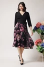 Rochie DY Fashion office din stofa si voal neagra cu imprimeu pe fusta