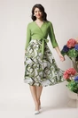 Rochie DY Fashion office din stofa si voal verde cu imprimeu pe fusta