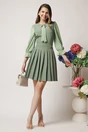 Rochie DY Fashion office din stofa verde fistic cu maneci din voal si funda pe bust