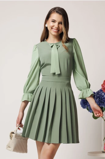 Rochie DY Fashion office din stofa verde fistic cu maneci din voal si funda pe bust