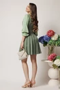 Rochie DY Fashion office din stofa verde fistic cu maneci din voal si funda pe bust