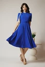 Rochie DY Fashion office din triplu voal albastra cu nasturi la bust si curea in talie