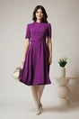 Rochie DY Fashion office din triplu voal mov cu nasturi la bust si curea in talie