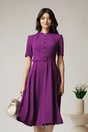 Rochie DY Fashion office din triplu voal mov cu nasturi la bust si curea in talie