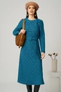 Rochie DY Fashion office din tweed turcoaz cu nasturi pe bust si curea in talie