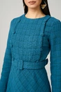 Rochie DY Fashion office din tweed turcoaz cu nasturi pe bust si curea in talie