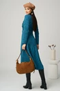 Rochie DY Fashion office din tweed turcoaz cu nasturi pe bust si curea in talie