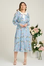 Rochie DY Fashion office din viscoza bleu cu imprimeuri si funda la decolteu