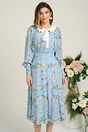 Rochie DY Fashion office din viscoza bleu cu imprimeuri si funda la decolteu