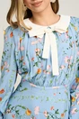 Rochie DY Fashion office din viscoza bleu cu imprimeuri si funda la decolteu