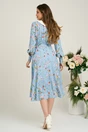 Rochie DY Fashion office din viscoza bleu cu imprimeuri si funda la decolteu