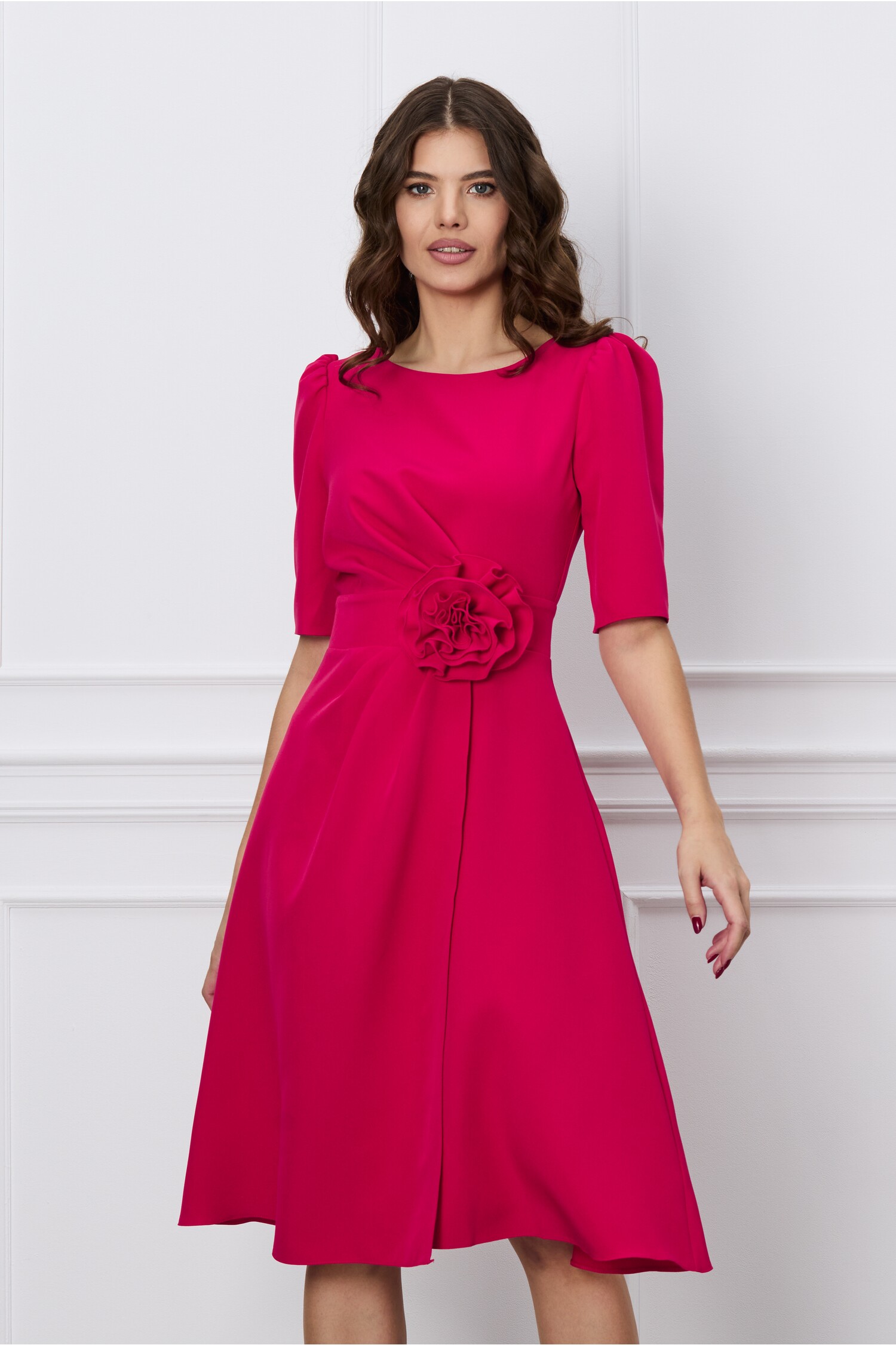 Rochie DY Fashion rosu zmeura cu floare in talie