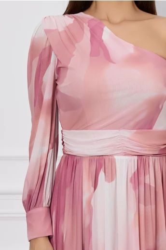 Rochie Dy Fashion roz cu imprimeu watercolor si un umar gol