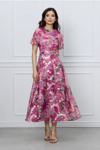 Rochie DY Fashion roz cu imprimeuri florale fucsia si fir lurex