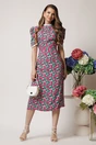 Rochie DY Fashion roz cu imprimeuri florale verzi si volanase la maneci si decolteu