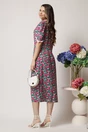 Rochie DY Fashion roz cu imprimeuri florale verzi si volanase la maneci si decolteu