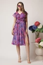 Rochie DY Fashion roz din voal cu imprimeu mov si cordon in talie