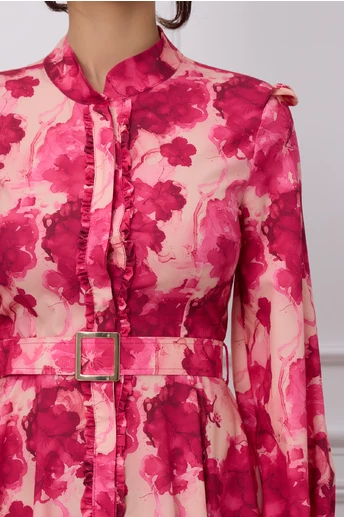 Rochie Dy Fashion roz cu imprimeuri fucsia si curea in talie