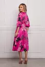Rochie Dy Fashion satinata fucsia cu imprimeuri florale negre