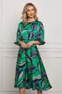 Rochie Dy Fashion satinata verde cu imprimeuri bleumarin