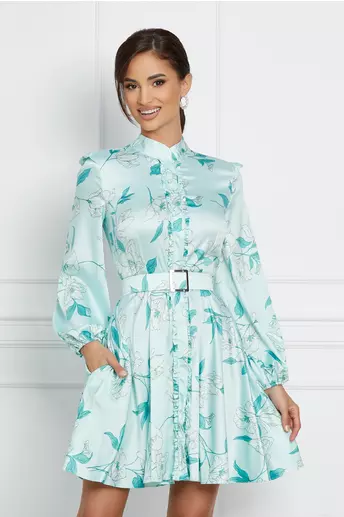 Rochie Dy Fashion scurta verde mint cu flori si curea in talie