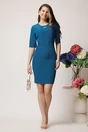 Rochie DY Fashion office din stofa turcoaz cu decupaj si pliuri la bust