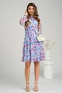 Rochie DY Fashion vaporoasa din voal bleu cu imprimeuri florale fucsia si orange