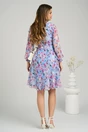 Rochie DY Fashion vaporoasa din voal bleu cu imprimeuri florale fucsia si orange