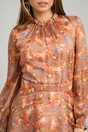 Rochie DY Fashion vaporoasa din voal caramizie cu imprimeuri florale