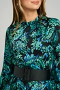 Rochie DY Fashion vaporoasa din voal neagra cu imprimeuri florale turcoaz