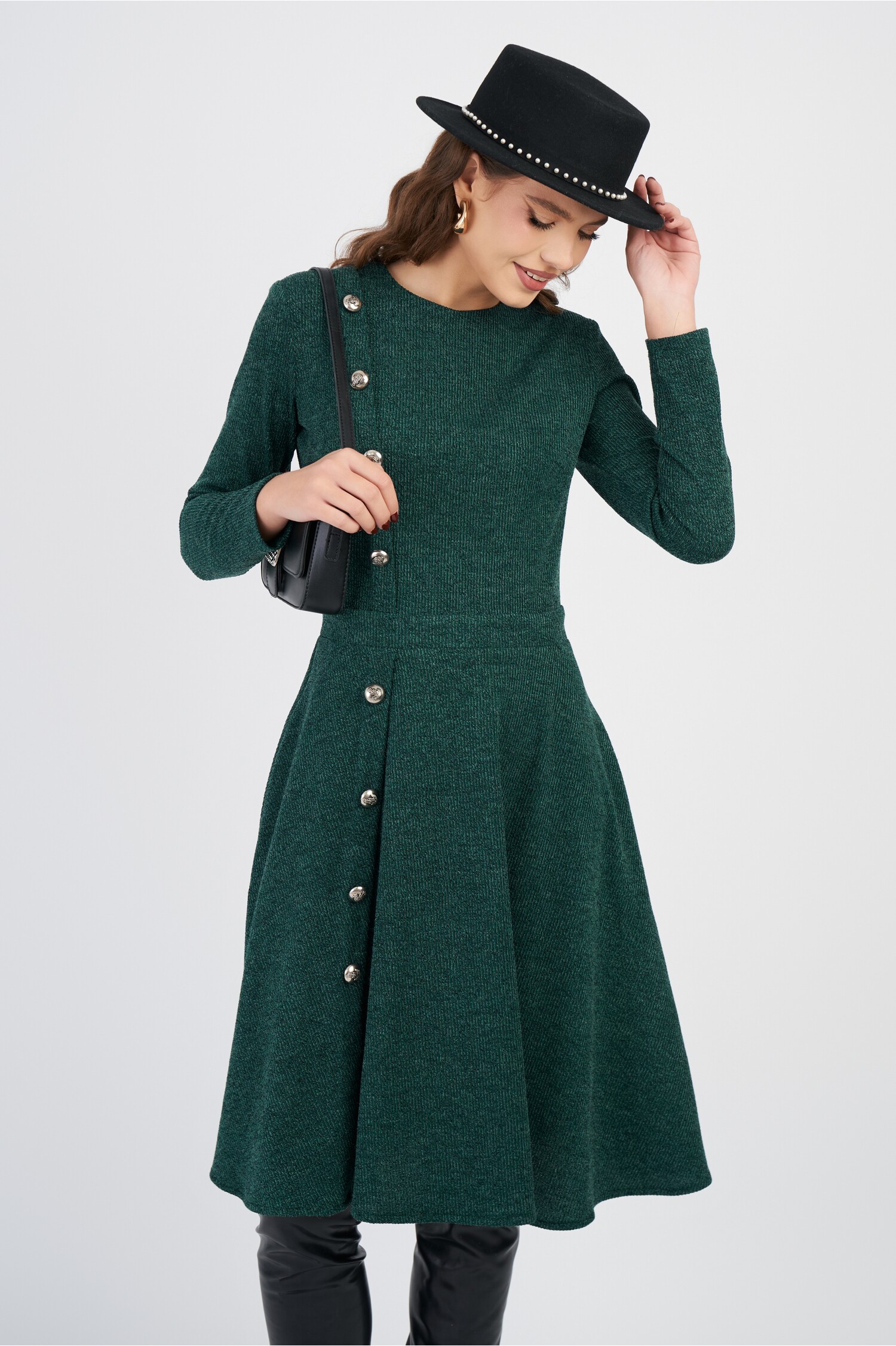 Rochie DY Fashion office din tricot verde cu nasturi pe o parte