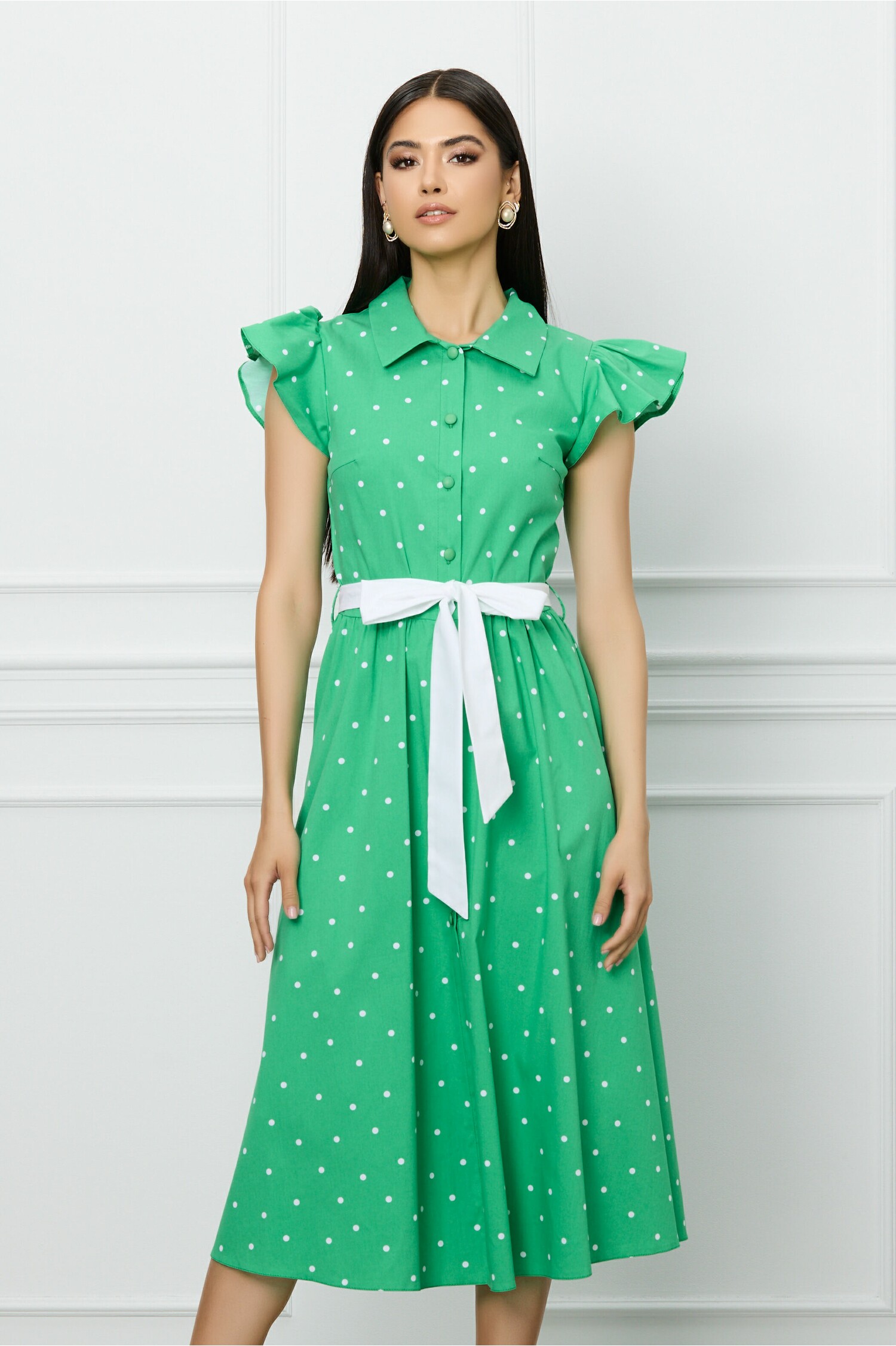 Rochie DY Fashion verde cu buline si cordon in talie